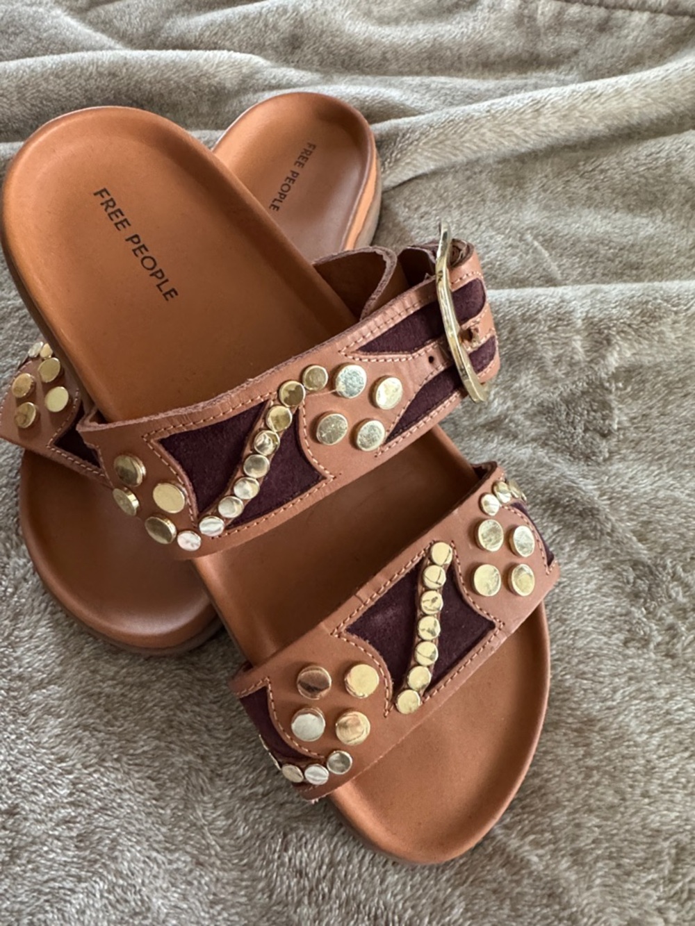 Free People Brown Leather Slide Sandals with Gold Studs - Picture 6 of 11